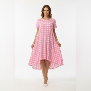 LuLaRoe Carly • High Low Hemline Swing Dress • Checkered • Pink and White